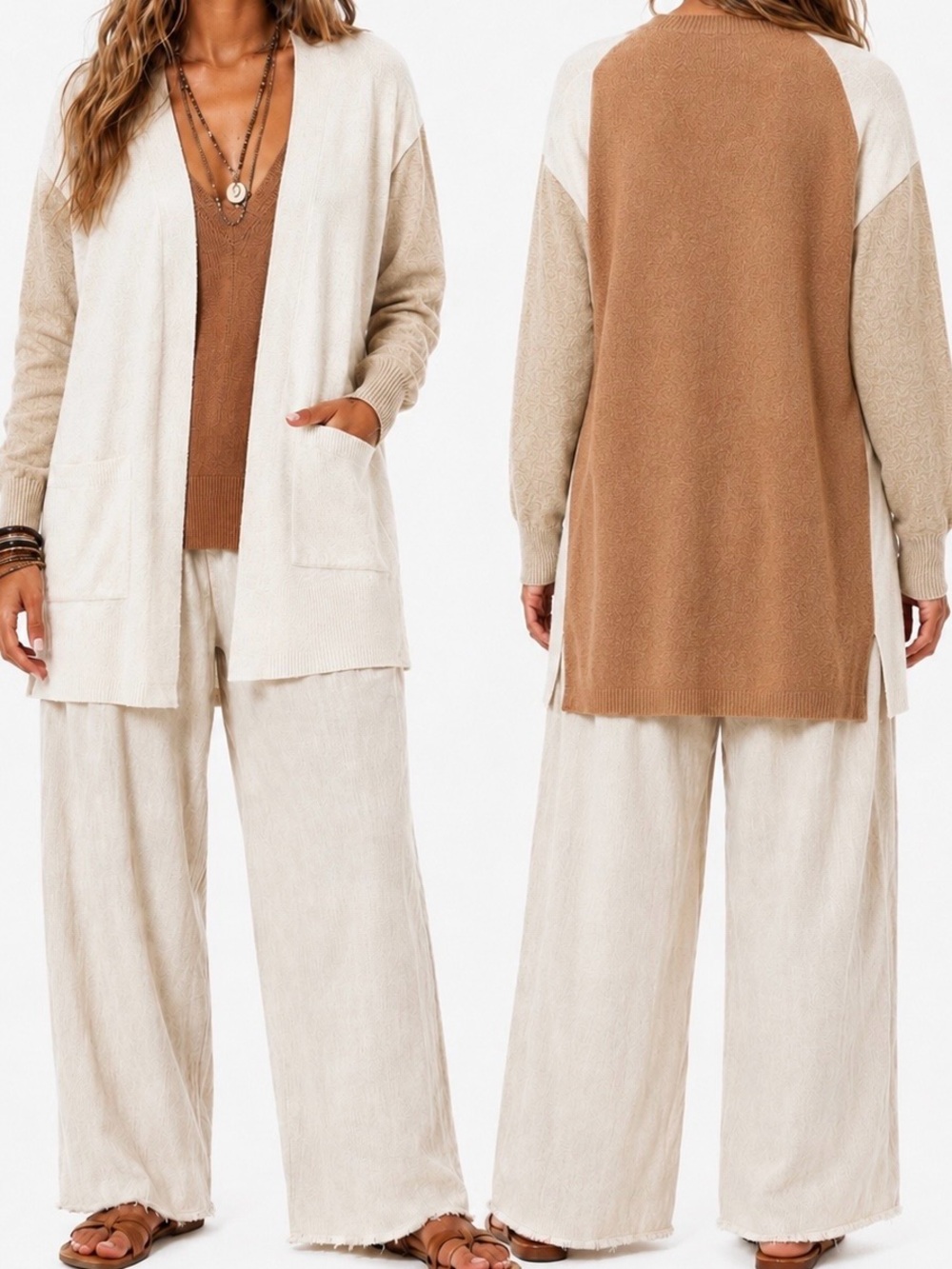MADEWELL Kent Alpaca Wool Blend Cream & Camel Colorblock Open Sweater Cardigan